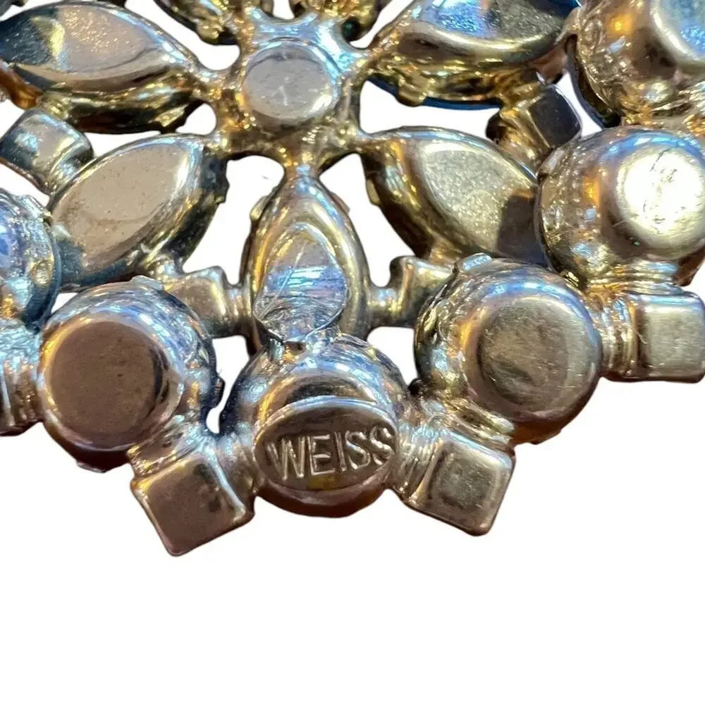 Weiss VTG Slv Tone Blue Prong Set Rhinestone Molded Glass Cluster Brooch-Signed